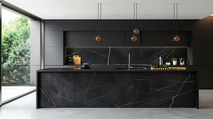 Wall Mural - Modern Sophistication: Nero Marquina Marble Kitchen - Large Island and Backsplash, Natural Lighting - Perfect for Contemporary Homes