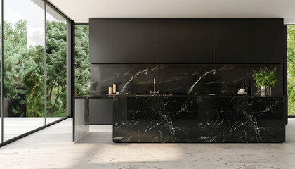 Wall Mural - Modern Sophistication: Nero Marquina Marble Kitchen - Large Island and Backsplash, Natural Lighting - Perfect for Contemporary Homes