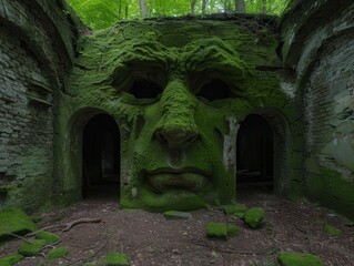 Sticker - Mysterious moss-covered stone face in enchanted forest