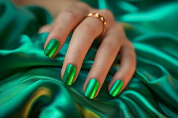 Wall Mural - Glamour woman hand with matcha green color nail polish on her fingernails. Matcha green color nail manicure with gel polish at luxury beauty salon. Nail art design. Female hand model. French manicure.