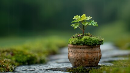 Sticker - Miniature plant in a rustic pot on a mossy path