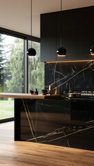 Wall Mural - Modern Sophistication: Nero Marquina Marble Kitchen - Large Island and Backsplash, Natural Lighting - Perfect for Contemporary Homes