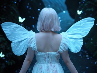 Sticker - Ethereal fairy with white wings and dress in a magical forest