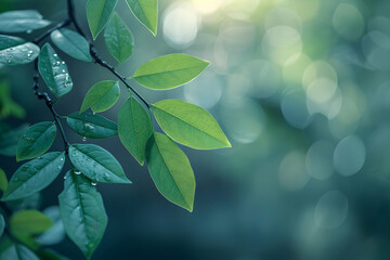 Wall Mural - Green Leaves with Water Drops on Branch Illustration