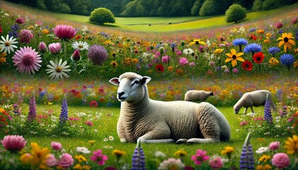 Wall Mural - A sheep standing or lying in a meadow filled with colorful wildflowers in a detailed, focused, and well-setup scene.