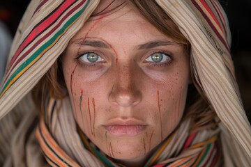 Wall Mural - Wounded woman with colorful scarf