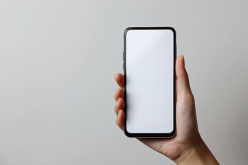 Smartphone mockup on hand with white blank screen created with Generative AI