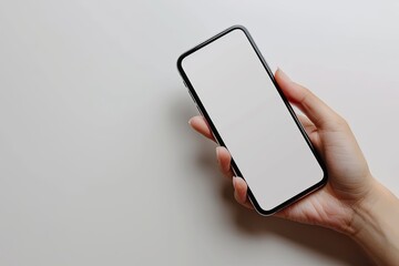 Smartphone mockup on hand with white blank screen created with Generative AI