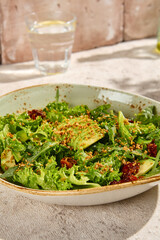 Canvas Print - Fresh Green Salad with Avocado and Sun-Dried Tomatoes on a Sunlit Table