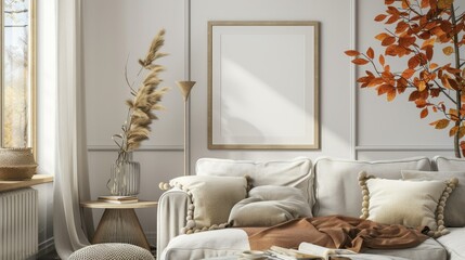 Wall Mural - Empty frame mockup in a cozy autumn living room, isolated, 3d render