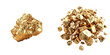 © Seksan - Gold raw chunk and pile of gold nuggets isolated on white background, representing wealth and precious metal in mining industry.