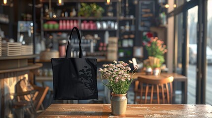 Wall Mural - a stylish mockup featuring a black canvas tote bag displayed in a cafe, capturing the essence of casual elegance and product presentation.