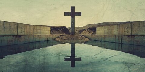 Poster - Cross reflected in the water against concrete walls, simple landscape. Conceptual image for Christian worship.