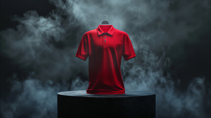 Canvas Print - Mock up 3D red polo shirt on a black background podium with light smoke, Ai generated Images