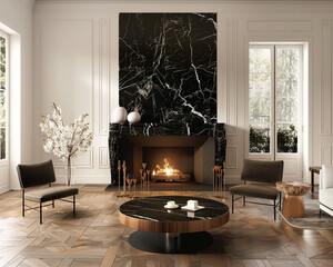 Wall Mural - Classic Sophistication: Nero Marquina Living Room - Fireplace Surround and Floor, Natural Lighting - Ideal for Contemporary Homes