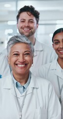 Poster - Face, team and diverse scientist people in laboratory, research and cooperation. Portrait, group and medical doctors, workers or employees in collaboration on experiment, drug trail or breakthrough