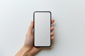 Smartphone mockup on hand with white blank screen created with Generative AI