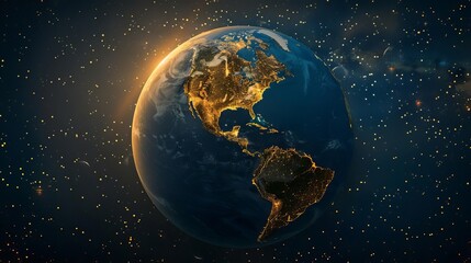 planet earth, racing tracks circling continents, gold highlights, flat design illustration