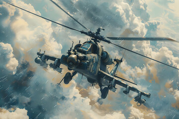Military Helicopter Flying Through Cloudy Skies Illustration