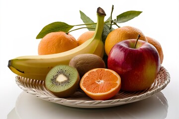 A delightful still life of fresh, juicy fruits arranged in a wicker plate