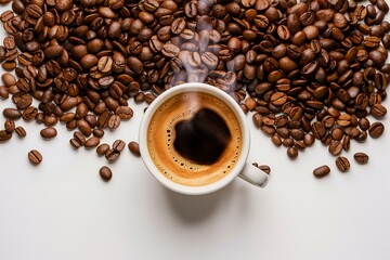 a steaming cup of coffee against a white background