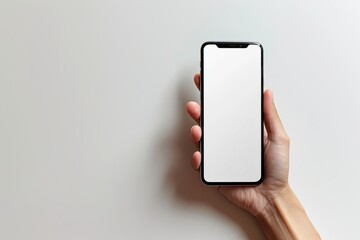 Smartphone mockup on hand with white blank screen created with Generative AI