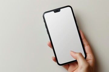 Smartphone mockup on hand with white blank screen created with Generative AI
