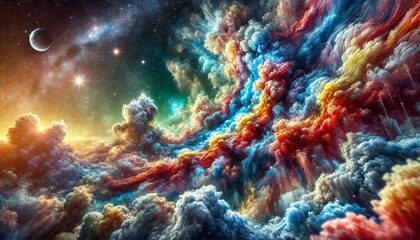 A close-up of colorful celestial cloud formations in a scenic landscape, showing the intricate textures and vibrant colors blending together.