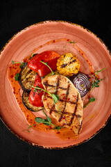 Wall Mural - Grilled Chicken Fillet with Vegetables and Sweet Chili Sauce - Healthy Gourmet Meal