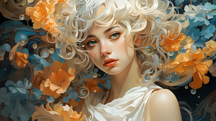 Wall Mural - Blond Woman with Flowers and Bubbles Illustration