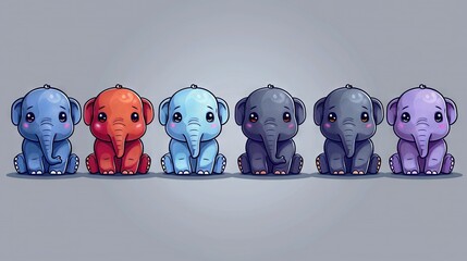 Wall Mural -   A line of elephants resting on a gray backdrop, with a blue and red elephant positioned centrally