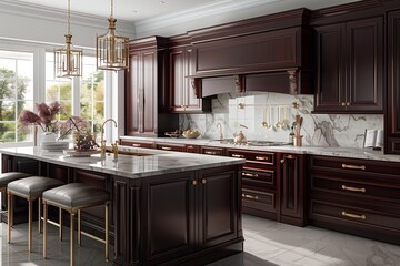 /imagine A classic kitchen with dark cherry wood cabinets, marble countertops, and polished brass hardware. A large island with a built-in sink and seating adds functionality and style.