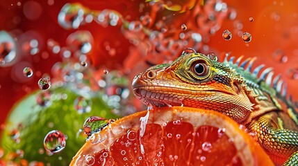 Wall Mural - Drop of water on fruit dragons onto a red background