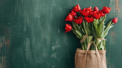 Poster - Tulip filled bag on a rack by green wall for Easter festivities