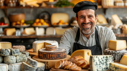 Wall Mural -   A man stands in front of a table with cheeses and breads on top