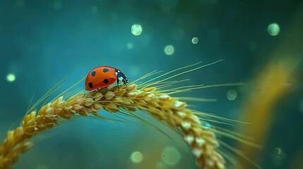 Wall Mural -   A ladybug perched atop a wheat stalk, with droplets splashing nearby