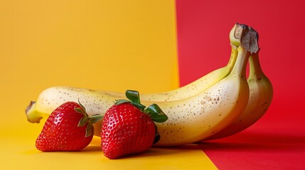 Banana and strawberry, two colorful and delicious fruits often enjoyed together in various dishes and smoothies.