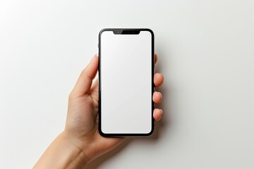Smartphone mockup on hand with white blank screen created with Generative AI