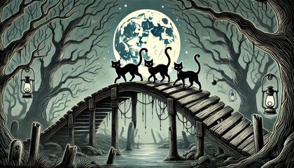 Wall Mural - Three black cats walking across an old, creaky bridge under a full moon.