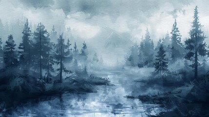 Wall Mural - Watercolor foggy forest landscape illustration.	
