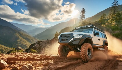 Wall Mural - Conquering the Wild: Off-Road Vehicle Tackles Rugged Terrain with Mud and Rock