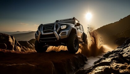 Wall Mural - Conquering the Wild: Off-Road Vehicle Tackles Rugged Terrain with Mud and Rock