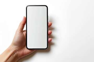 Smartphone mockup on hand with white blank screen created with Generative AI