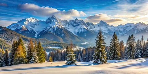 Sticker - Mountains covered with snow and pine trees in a serene alpine landscape, snowy, peaks, pine trees, winter, wilderness, serene