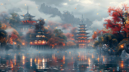 Canvas Print - Autumnal Foggy Pagoda Landscape Illustration