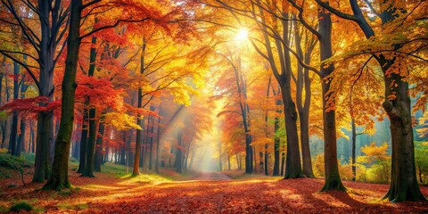 Poster - Vivid autumn forest with colorful trees bathed in warm light