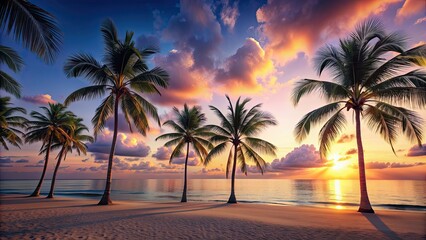 Poster - Tranquil beach scene with palm trees and gradient sky colors, beach, tranquil, palm trees, sky, gradient, blue, turquoise