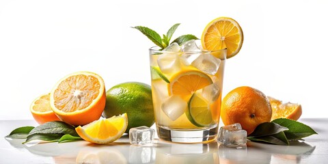 Poster - Refreshing citrus cocktail with ice cubes in a glass, isolated on white background, drink, glass, ice, cha, lemon, cocktail