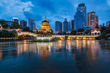 Guiyang, China skyline at Jiaxiu Pavilion on the Nanming River.