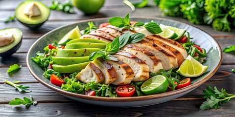 Wall Mural - Delicious ketogenic dish with grilled chicken and avocado salad garnished with fresh herbs , ketogenic